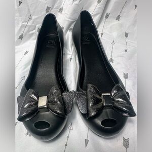 Melissa Girls Size 3 Black Flexible Ultragirl Sweet-Sparkle Bow Ballerina Shoes